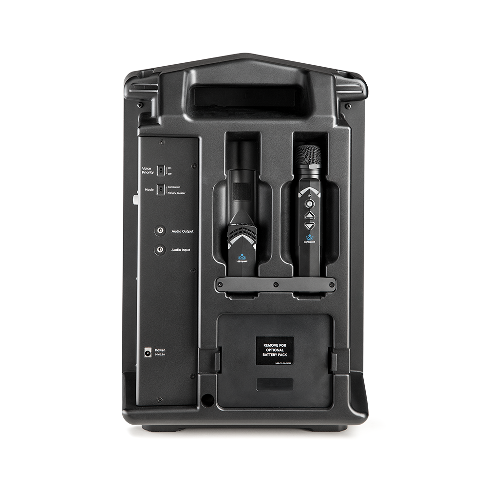 Back of the Mobile PA MPA which shows the Charging ports for the microphones, some controls, and spot for optional battery pack.